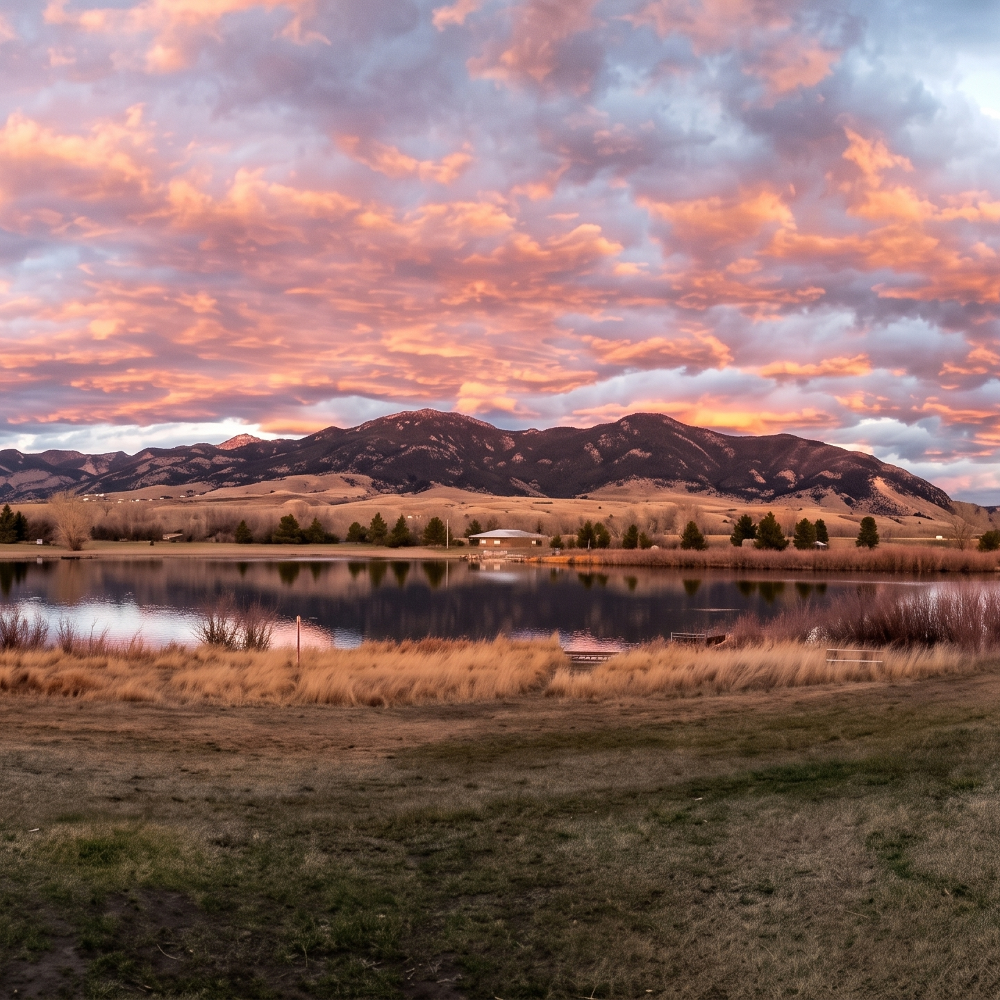 Panoramic view of a lake with mountains and a dramatic sunset sky.