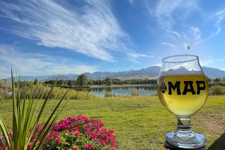 Beer glass on rail overlooking lake, mountains, and sky.